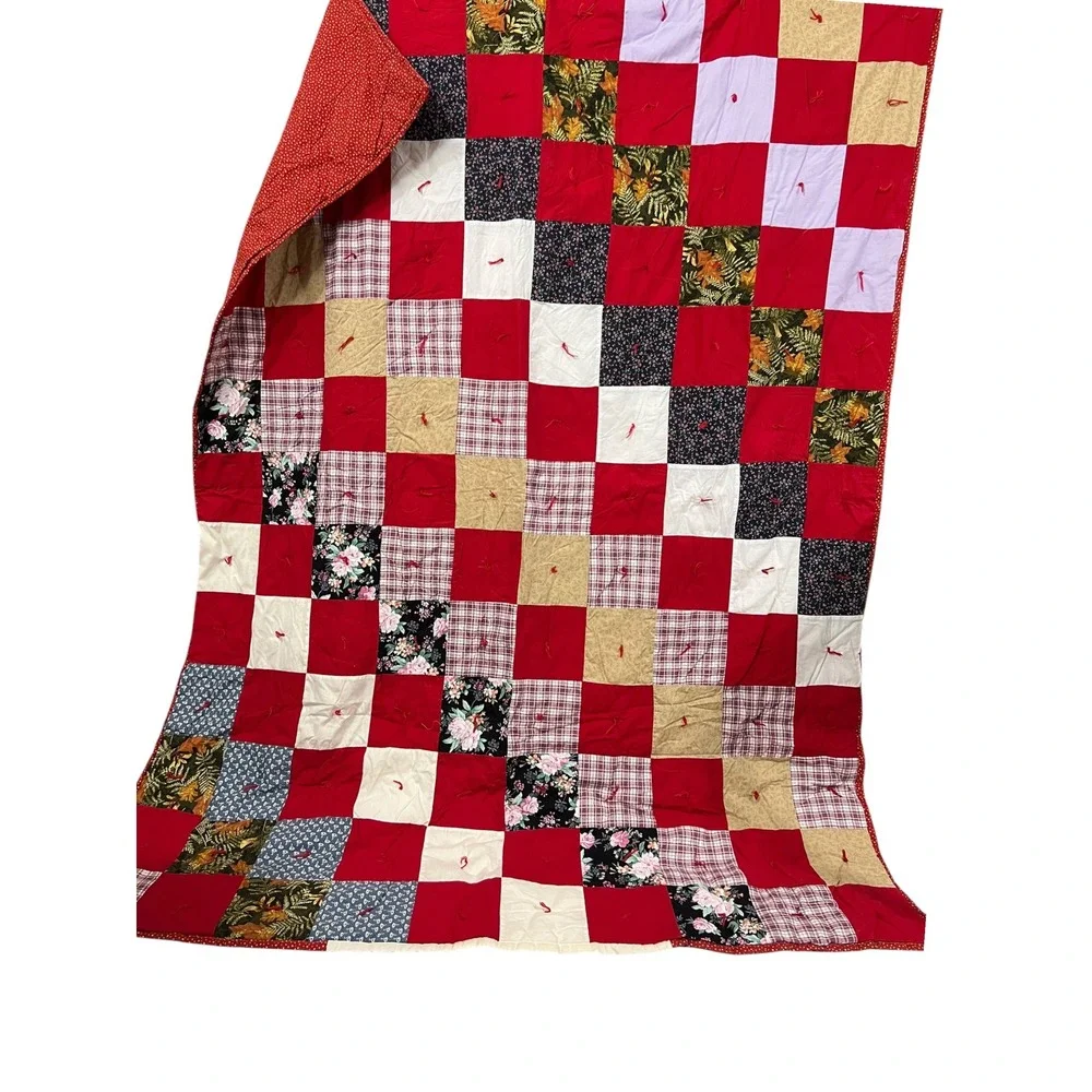 Handmade Patchwork Quilt 60x72 Red Cottage Floral Plaid Twin Topper Throw - Picture 2 of 5